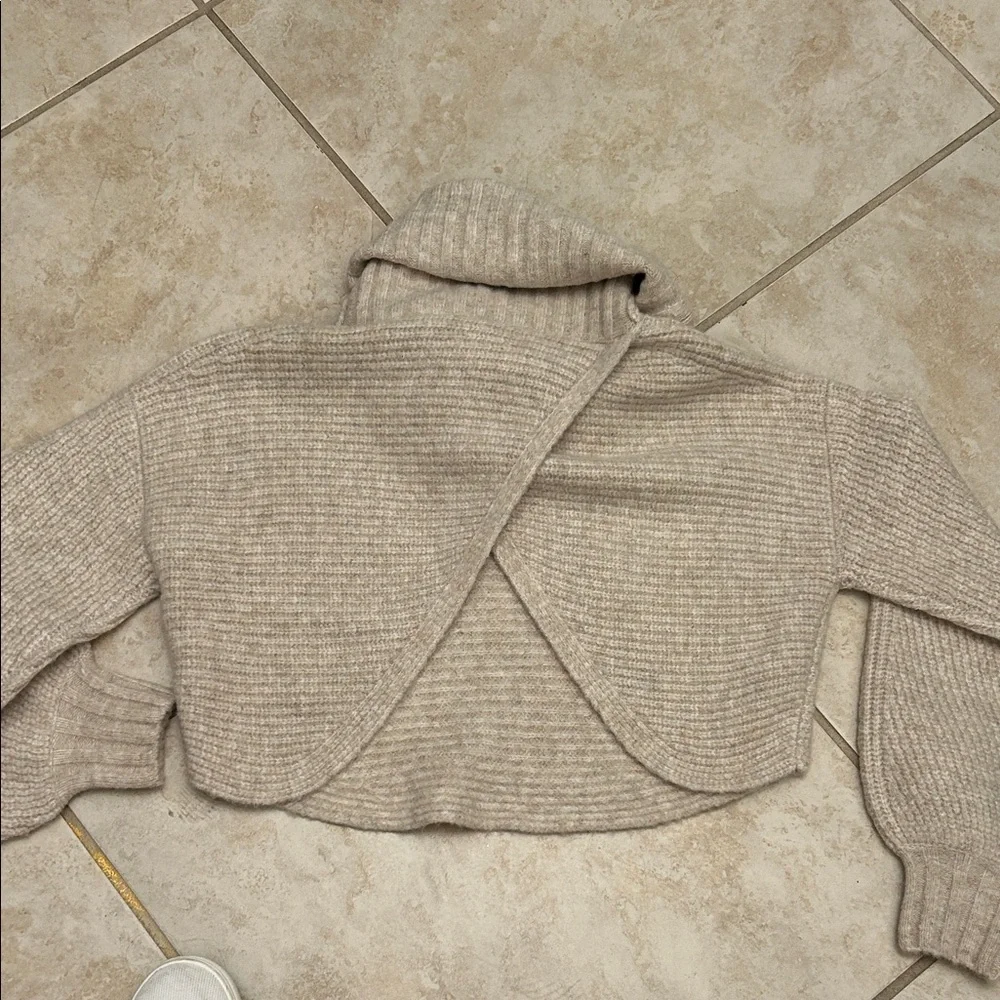 MC Revolve Cozy Beige Turtleneck Crop Sweater with Split Open Back - Picture 2 of 3